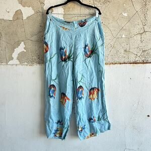 Italian Linen Wide Leg Pants Floral Print Coastal Boho Blue Coastal Grandma L/XL